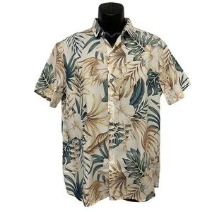Tan & Green Floral Leaf Print Short Sleeve Button Down Collar Shirt Size Medium